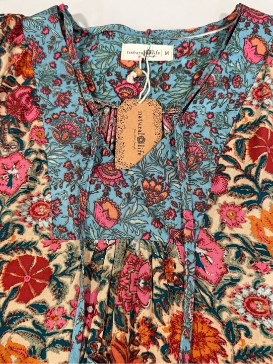 NATURAL LIFE Tops - Natural Life Rowan Floral Peasant Blouse Sz Medium Pink Boho TieNeck cottage NWT